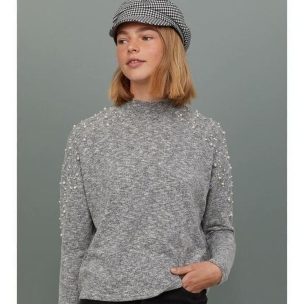 H&M Divided Knit Pearl Beaded‎ Sweater Top Grey M